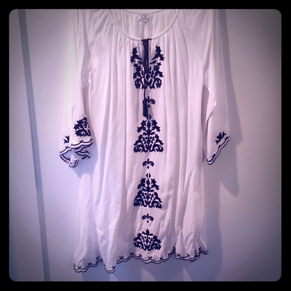Dress White and Navy Floral Emboidery